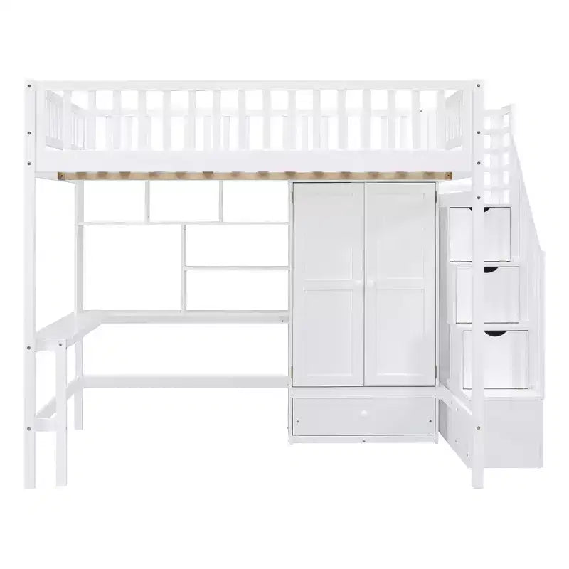 Full Size Loft Bed with Wardrobe and Built-in Desk, Solid Wood High Staircase Loft Bed Frame with Storage Bookshelf for Kids