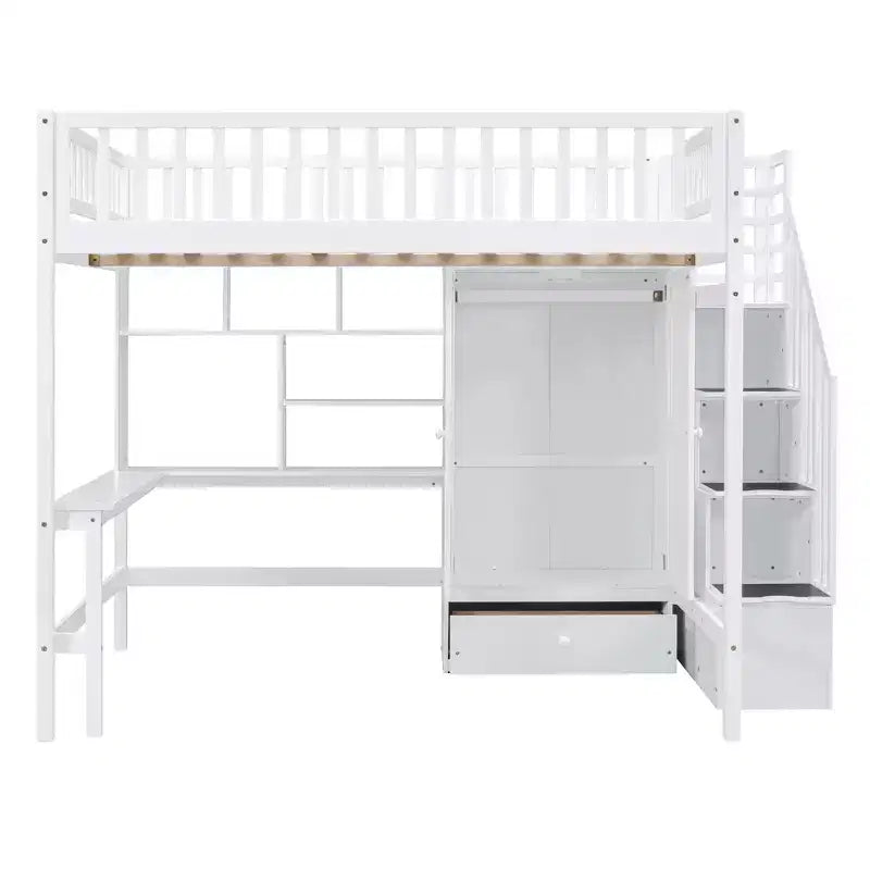 Full Size Loft Bed with Wardrobe and Built-in Desk, Solid Wood High Staircase Loft Bed Frame with Storage Bookshelf for Kids