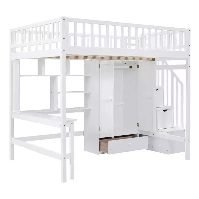 Full Size Loft Bed with Wardrobe and Built-in Desk, Solid Wood High Staircase Loft Bed Frame with Storage Bookshelf for Kids