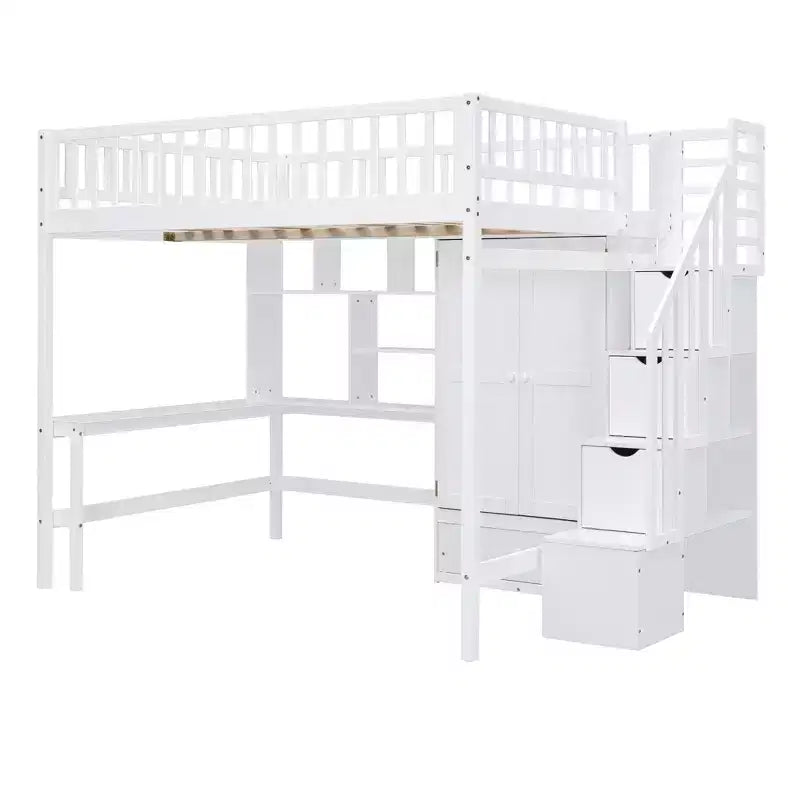 Full Size Loft Bed with Wardrobe and Built-in Desk, Solid Wood High Staircase Loft Bed Frame with Storage Bookshelf for Kids