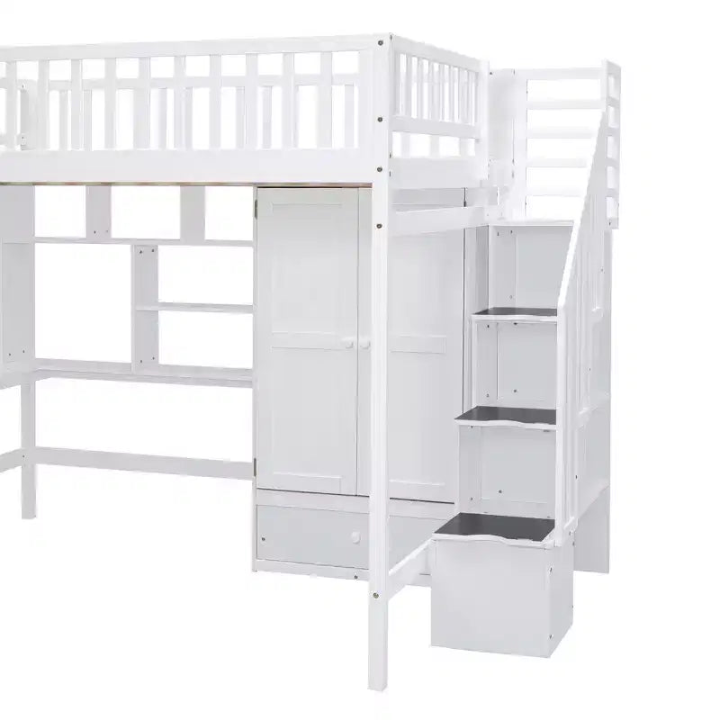 Full Size Loft Bed with Wardrobe and Built-in Desk, Solid Wood High Staircase Loft Bed Frame with Storage Bookshelf for Kids