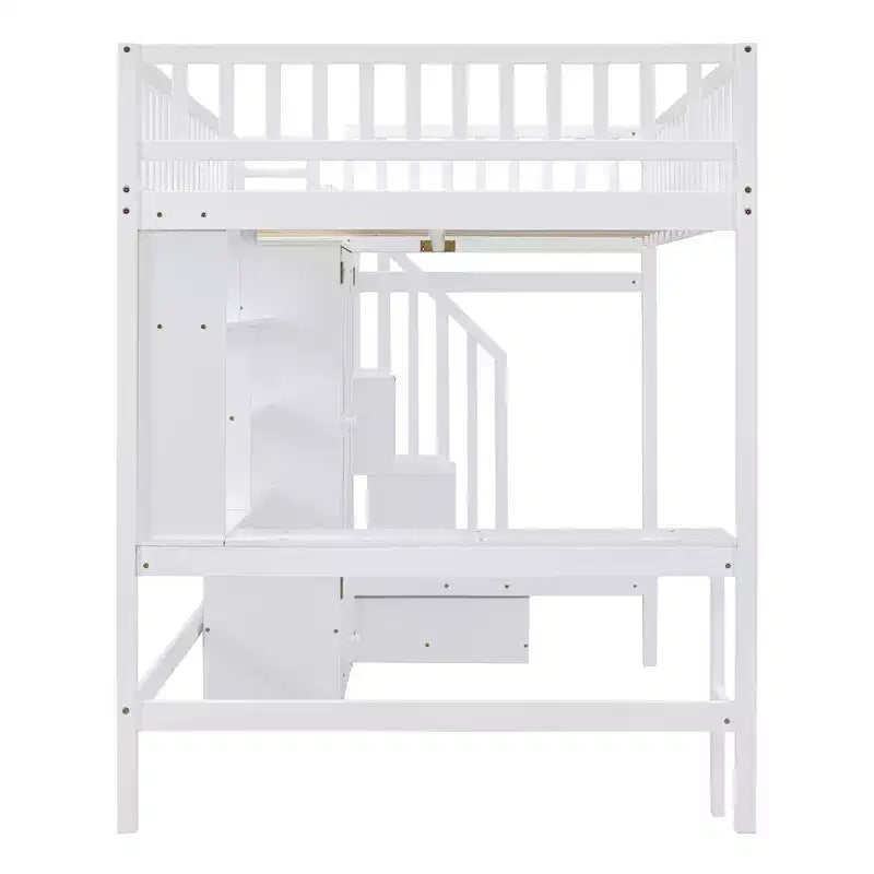 Full Size Loft Bed with Wardrobe and Built-in Desk, Solid Wood High Staircase Loft Bed Frame with Storage Bookshelf for Kids