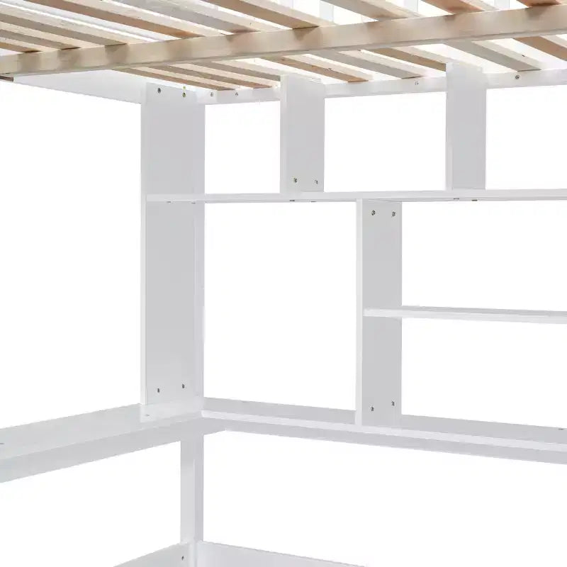 Full Size Loft Bed with Wardrobe and Built-in Desk, Solid Wood High Staircase Loft Bed Frame with Storage Bookshelf for Kids