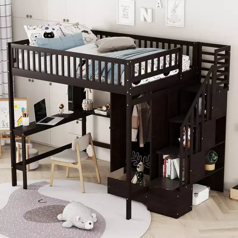 Full Size Loft Bed with Wardrobe and Built-in Desk, Solid Wood High Staircase Loft Bed Frame with Storage Bookshelf for Kids