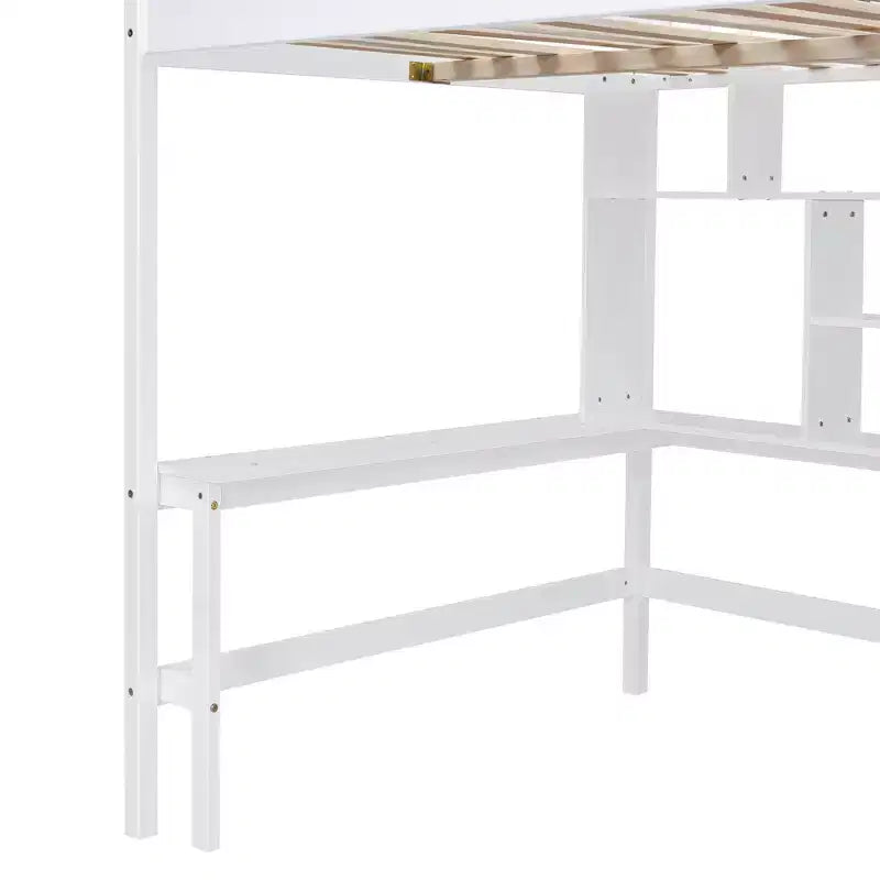 Full Size Loft Bed with Wardrobe and Built-in Desk, Solid Wood High Staircase Loft Bed Frame with Storage Bookshelf for Kids