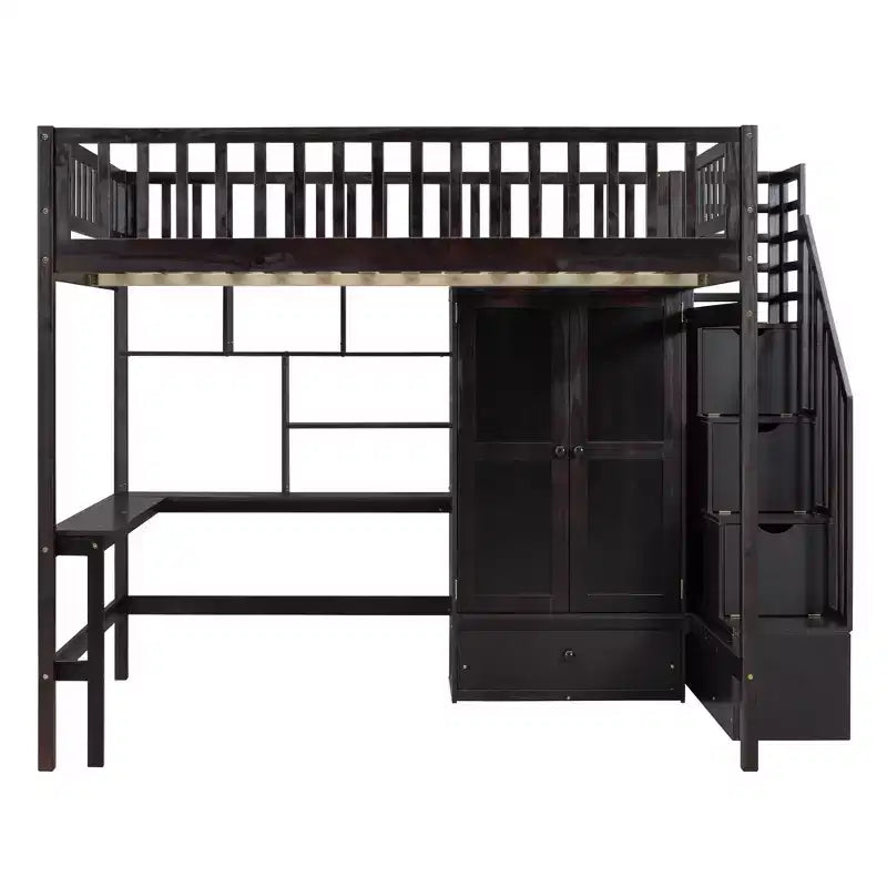 Full Size Loft Bed with Wardrobe and Built-in Desk, Solid Wood High Staircase Loft Bed Frame with Storage Bookshelf for Kids