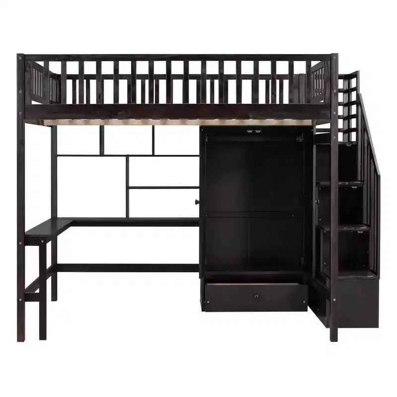 Full Size Loft Bed with Wardrobe and Built-in Desk, Solid Wood High Staircase Loft Bed Frame with Storage Bookshelf for Kids