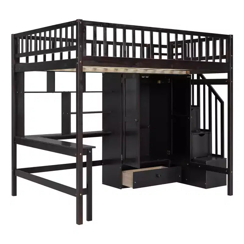 Full Size Loft Bed with Wardrobe and Built-in Desk, Solid Wood High Staircase Loft Bed Frame with Storage Bookshelf for Kids