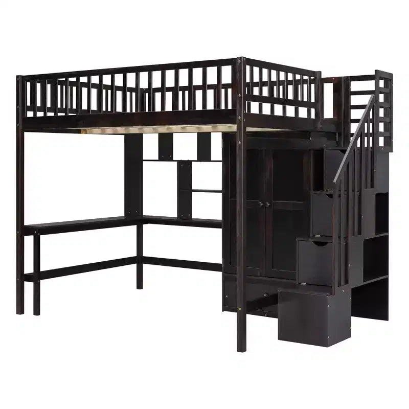 Full Size Loft Bed with Wardrobe and Built-in Desk, Solid Wood High Staircase Loft Bed Frame with Storage Bookshelf for Kids