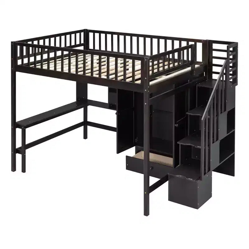 Full Size Loft Bed with Wardrobe and Built-in Desk, Solid Wood High Staircase Loft Bed Frame with Storage Bookshelf for Kids