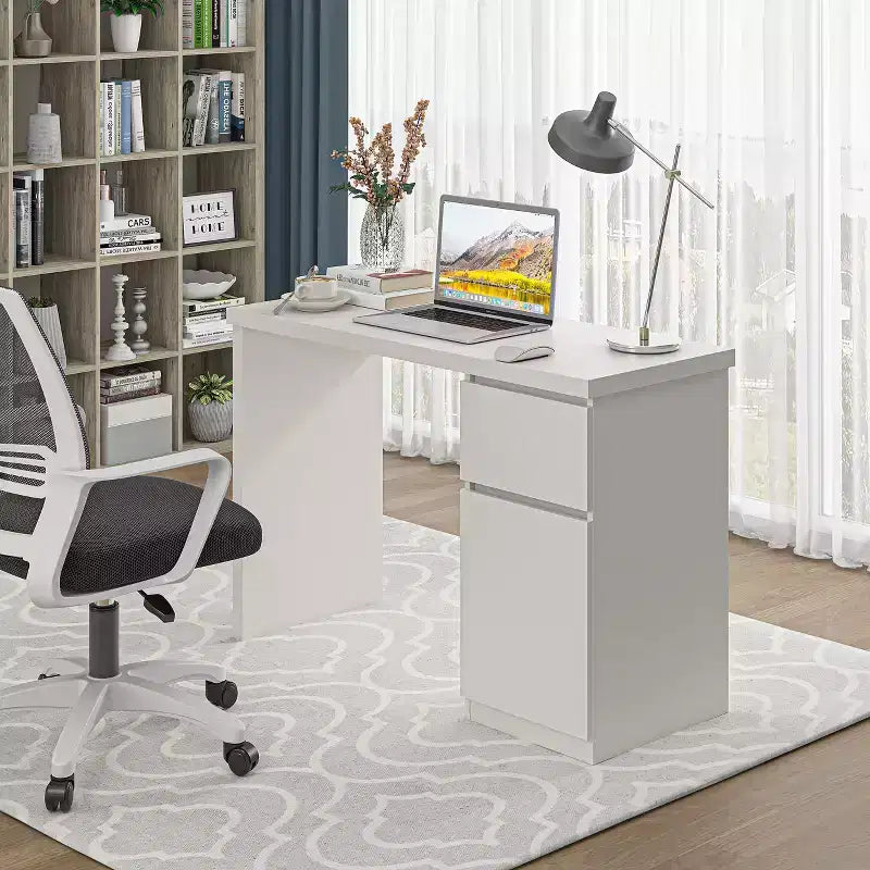Sandinrayli Computer Desk with Drawers, 43 Inch Wood Work Desk, Home Office PC Desk Workstation with Storage, White