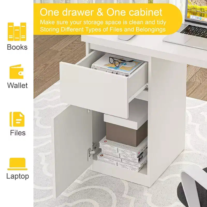 Sandinrayli Computer Desk with Drawers, 43 Inch Wood Work Desk, Home Office PC Desk Workstation with Storage, White
