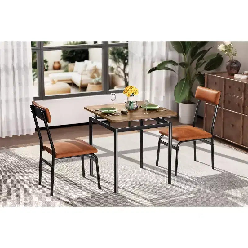 Dining Table Set for 3, Modern Wood Table and Chairs Set with 2 Upholstered PU Leather Chairs, 3-Piece Dinette Breakfast Nook, Small Places