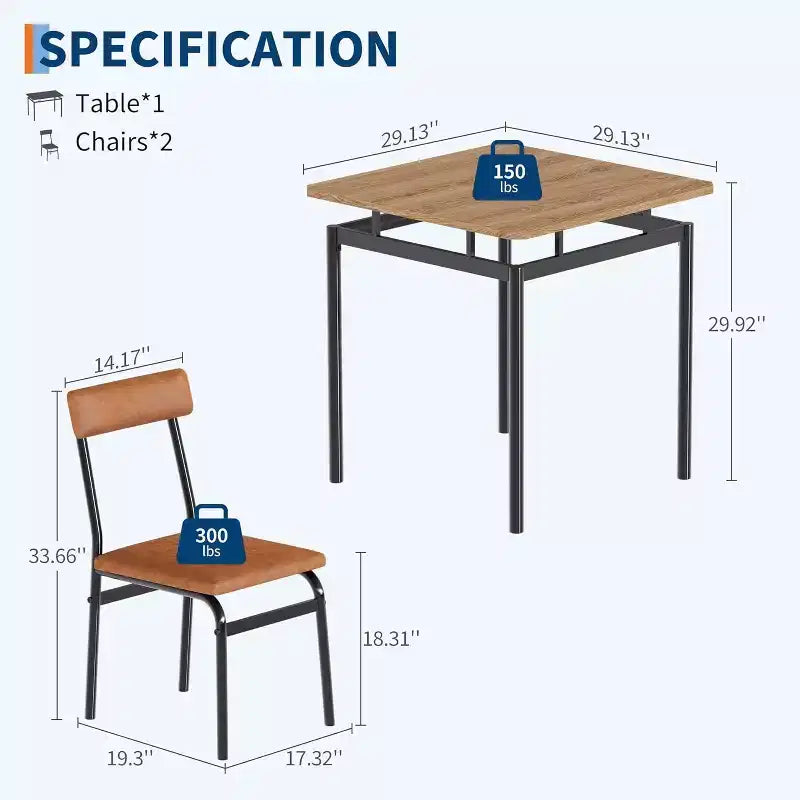 Dining Table Set for 3, Modern Wood Table and Chairs Set with 2 Upholstered PU Leather Chairs, 3-Piece Dinette Breakfast Nook, Small Places