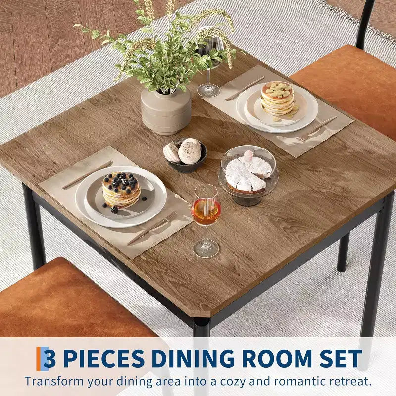 Dining Table Set for 3, Modern Wood Table and Chairs Set with 2 Upholstered PU Leather Chairs, 3-Piece Dinette Breakfast Nook, Small Places