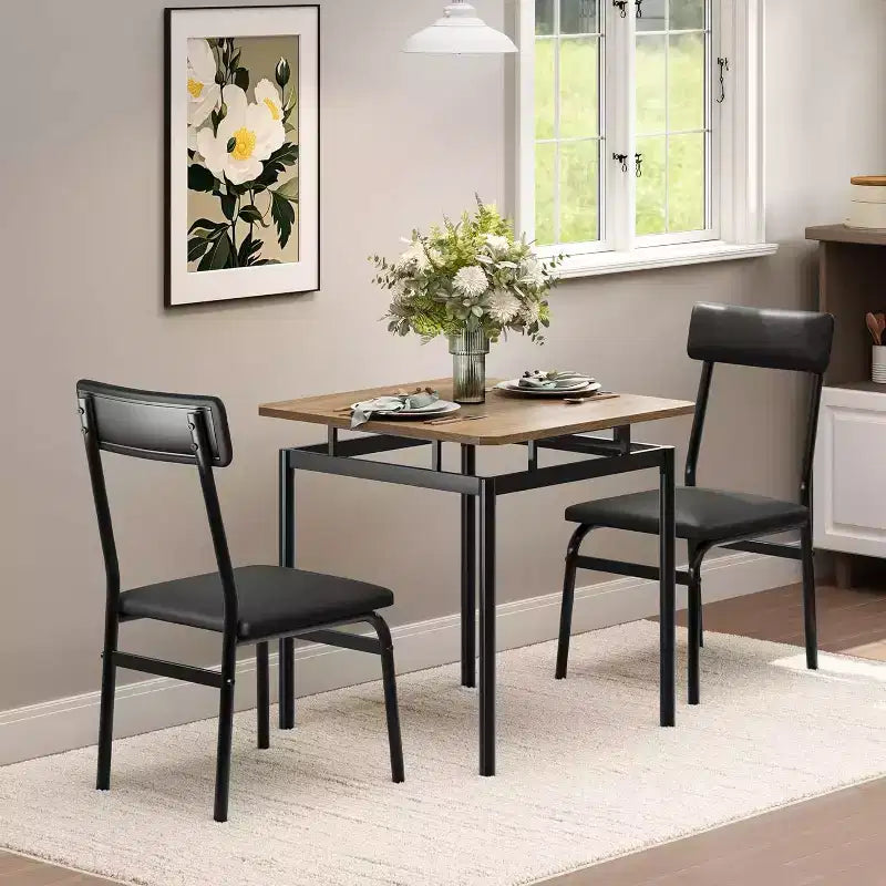 Dining Table Set for 3, Modern Wood Table and Chairs Set with 2 Upholstered PU Leather Chairs, 3-Piece Dinette Breakfast Nook, Small Places