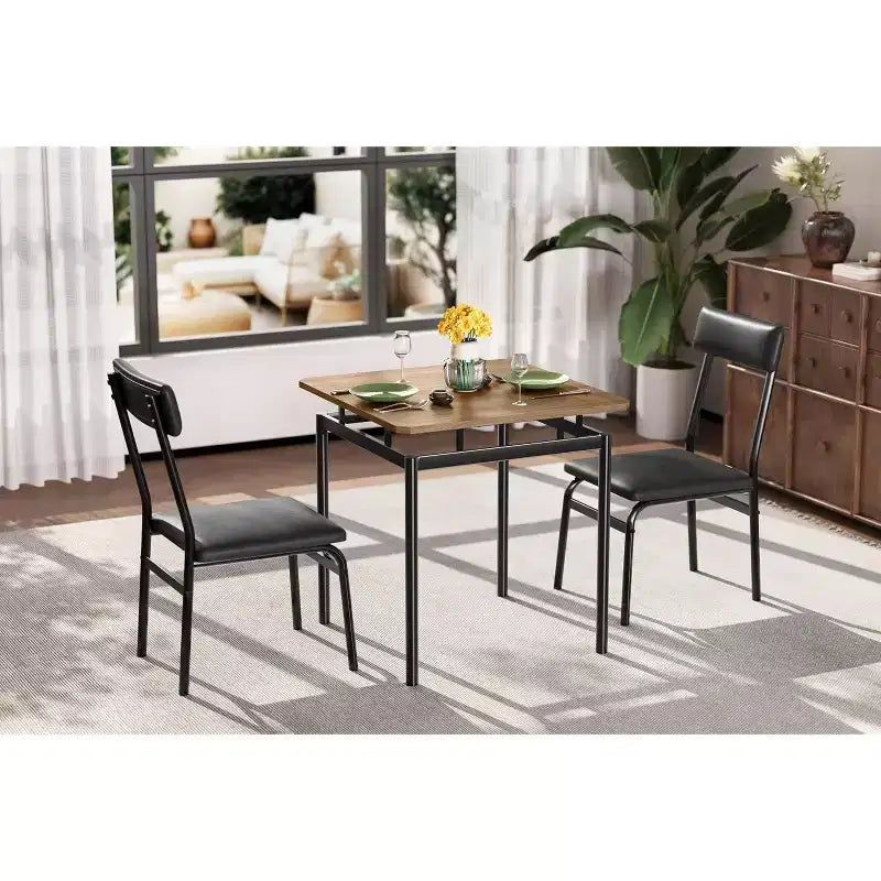 Dining Table Set for 3, Modern Wood Table and Chairs Set with 2 Upholstered PU Leather Chairs, 3-Piece Dinette Breakfast Nook, Small Places