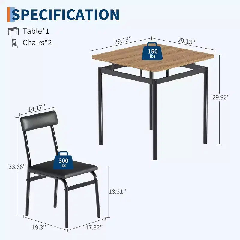 Dining Table Set for 3, Modern Wood Table and Chairs Set with 2 Upholstered PU Leather Chairs, 3-Piece Dinette Breakfast Nook, Small Places