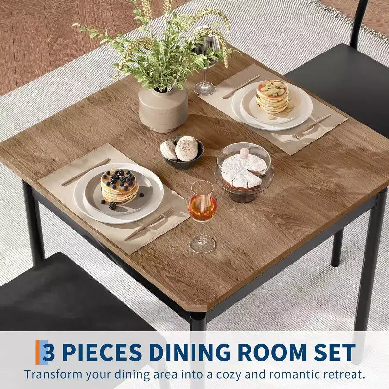 Dining Table Set for 3, Modern Wood Table and Chairs Set with 2 Upholstered PU Leather Chairs, 3-Piece Dinette Breakfast Nook, Small Places
