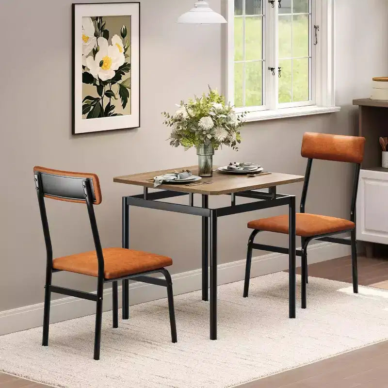 Dining Table Set for 3, Modern Wood Table and Chairs Set with 2 Upholstered PU Leather Chairs, 3-Piece Dinette Breakfast Nook, Small Places