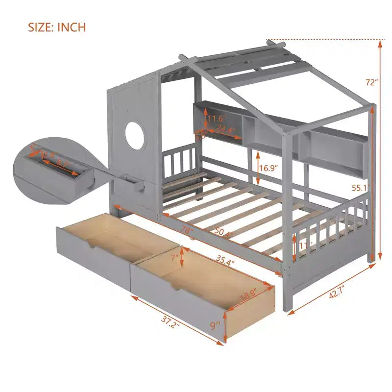 Bellemave Twin Size House Bed with Storage Drawers,Kids House Bed Frame with Shelves, Cute Wood House Bed Twin with Roof for Kids,Girls,Boys,Gray