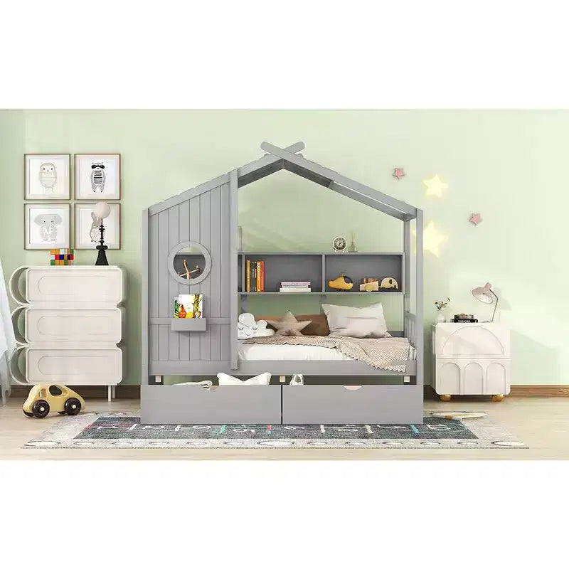 Bellemave Twin Size House Bed with Storage Drawers,Kids House Bed Frame with Shelves, Cute Wood House Bed Twin with Roof for Kids,Girls,Boys,Gray