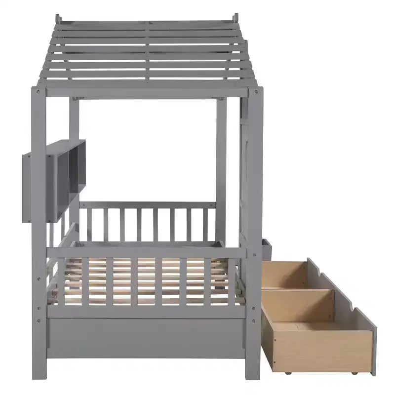 Bellemave Twin Size House Bed with Storage Drawers,Kids House Bed Frame with Shelves, Cute Wood House Bed Twin with Roof for Kids,Girls,Boys,Gray