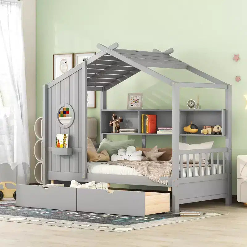 Bellemave Twin Size House Bed with Storage Drawers,Kids House Bed Frame with Shelves, Cute Wood House Bed Twin with Roof for Kids,Girls,Boys,Gray