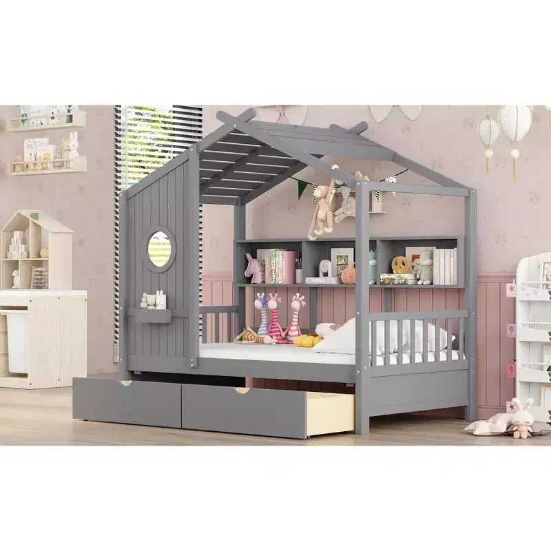 Bellemave Twin Size House Bed with Storage Drawers,Kids House Bed Frame with Shelves, Cute Wood House Bed Twin with Roof for Kids,Girls,Boys,Gray