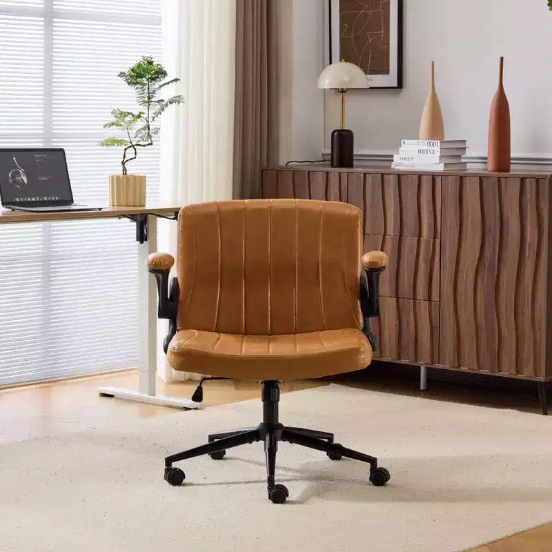 Karl Home | Oil-Waxed Leather Swivel Chair With Flip-Up Armrests