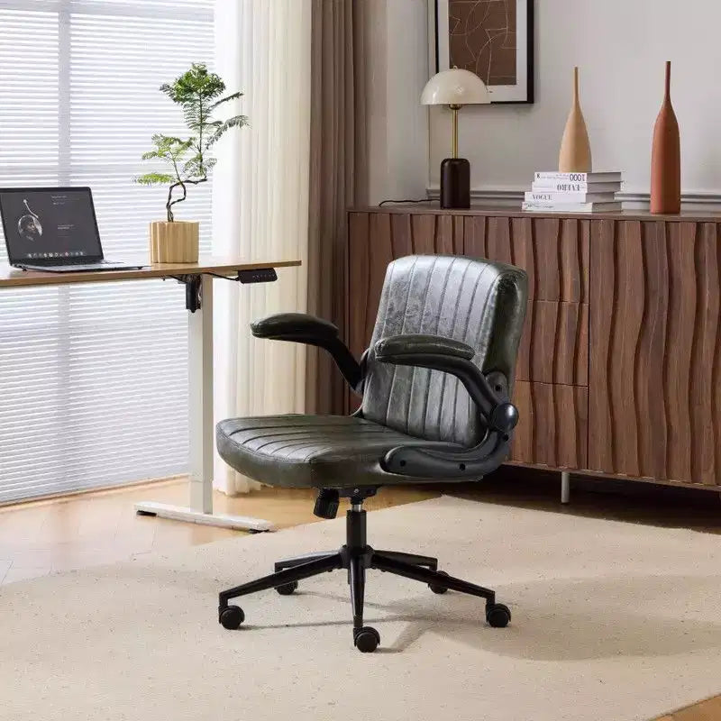 Karl Home | Oil-Waxed Leather Swivel Chair With Flip-Up Armrests