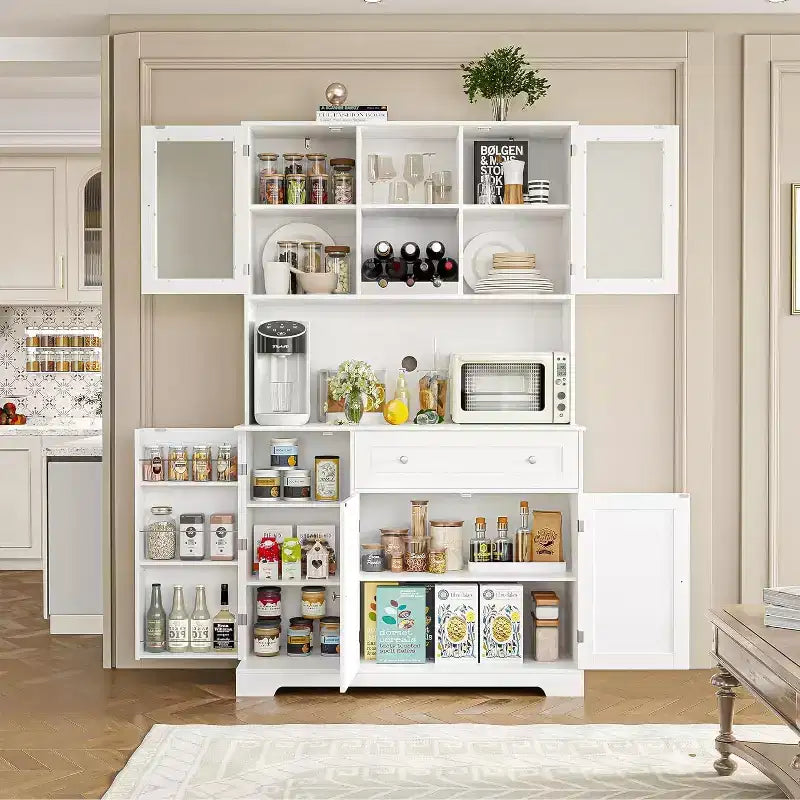 71 Tall Kitchen Pantry CabinetFreestanding Coffee Bar Cabinet with Large DrawersHutch Cabinet with Open Countertop for Living Room