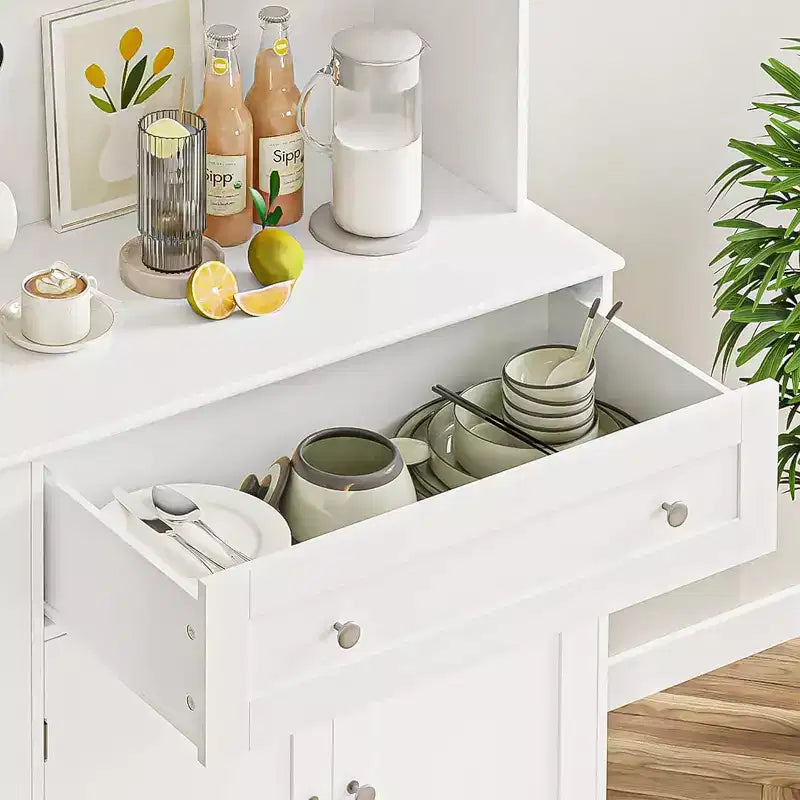 71 Tall Kitchen Pantry CabinetFreestanding Coffee Bar Cabinet with Large DrawersHutch Cabinet with Open Countertop for Living Room