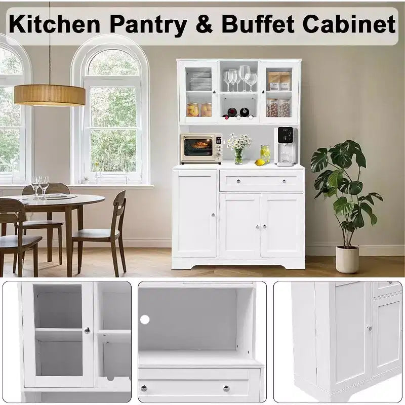 71 Tall Kitchen Pantry CabinetFreestanding Coffee Bar Cabinet with Large DrawersHutch Cabinet with Open Countertop for Living Room