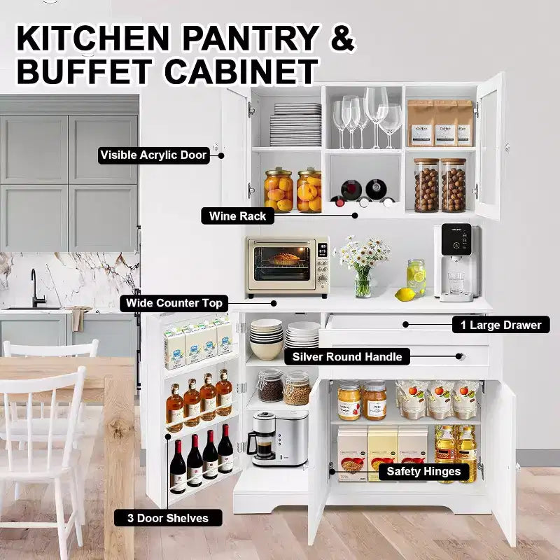 71 Tall Kitchen Pantry CabinetFreestanding Coffee Bar Cabinet with Large DrawersHutch Cabinet with Open Countertop for Living Room