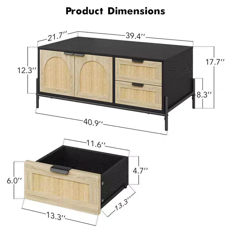 Coffee Table, 40.9'' Modern Coffee Table with Storage - Rattan Accent Living Room Table 2 Drawers/Doors (Farmhouse/Metal Legs)