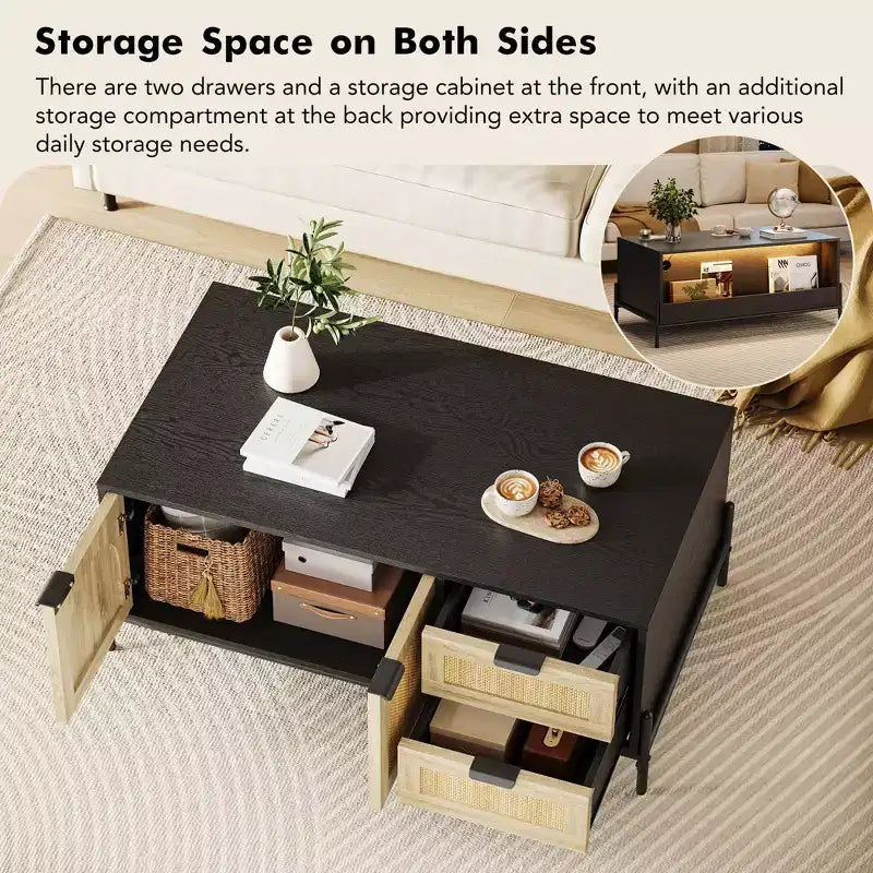 Coffee Table, 40.9'' Modern Coffee Table with Storage - Rattan Accent Living Room Table 2 Drawers/Doors (Farmhouse/Metal Legs)