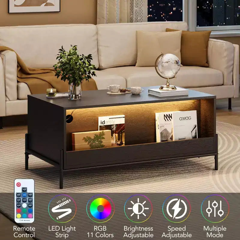 Coffee Table, 40.9'' Modern Coffee Table with Storage - Rattan Accent Living Room Table 2 Drawers/Doors (Farmhouse/Metal Legs)