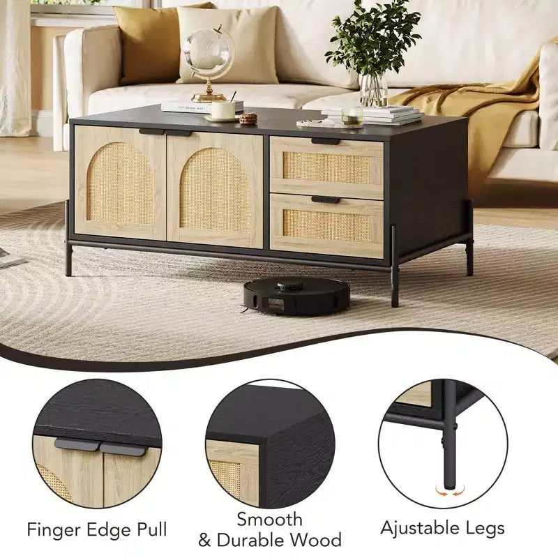 Coffee Table, 40.9'' Modern Coffee Table with Storage - Rattan Accent Living Room Table 2 Drawers/Doors (Farmhouse/Metal Legs)