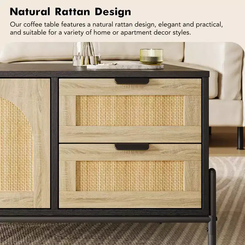 Coffee Table, 40.9'' Modern Coffee Table with Storage - Rattan Accent Living Room Table 2 Drawers/Doors (Farmhouse/Metal Legs)