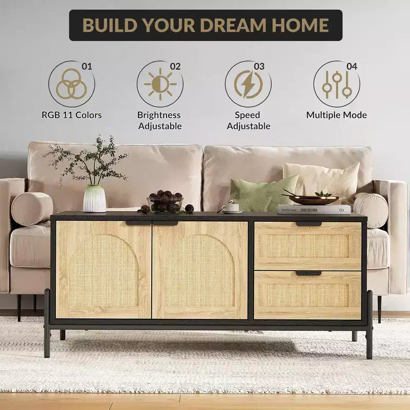 Coffee Table, 40.9'' Modern Coffee Table with Storage - Rattan Accent Living Room Table 2 Drawers/Doors (Farmhouse/Metal Legs)