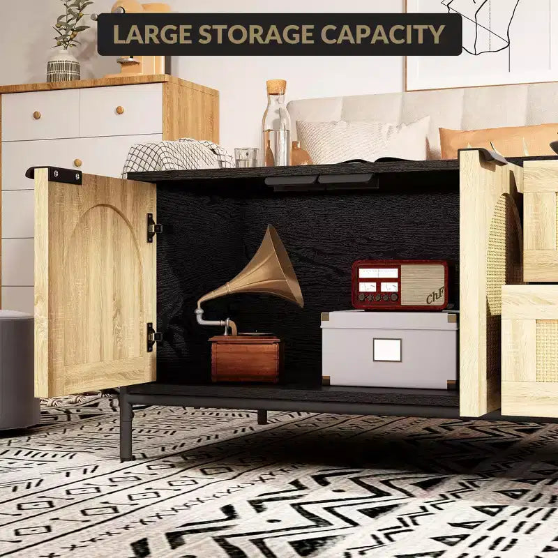 Coffee Table, 40.9'' Modern Coffee Table with Storage - Rattan Accent Living Room Table 2 Drawers/Doors (Farmhouse/Metal Legs)