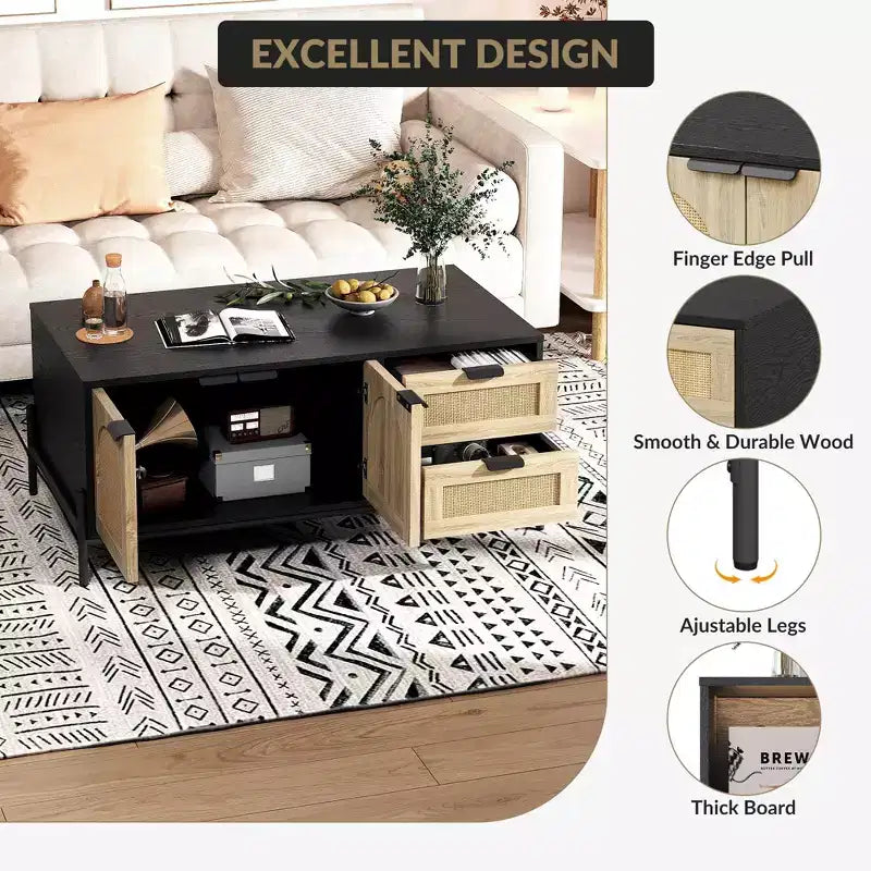Coffee Table, 40.9'' Modern Coffee Table with Storage - Rattan Accent Living Room Table 2 Drawers/Doors (Farmhouse/Metal Legs)