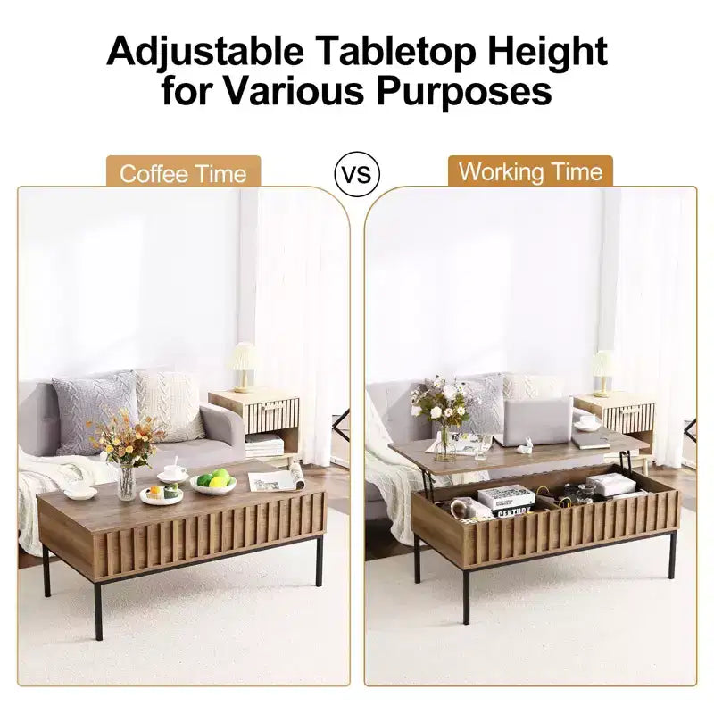 Coffee Table, Lift Top Coffee Table with Storage Shelf & Hidden Compartment - Mid Century Modern Rustic Rectangle Table (Living Room)