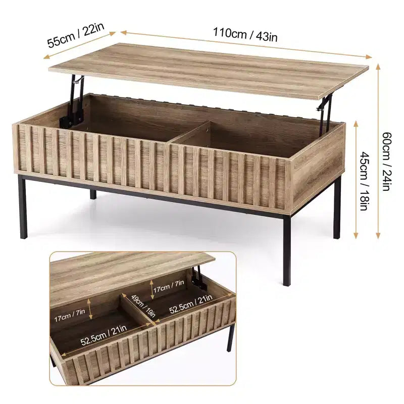 Coffee Table, Lift Top Coffee Table with Storage Shelf & Hidden Compartment - Mid Century Modern Rustic Rectangle Table (Living Room)