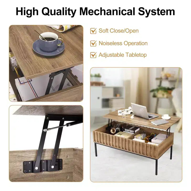 Coffee Table, Lift Top Coffee Table with Storage Shelf & Hidden Compartment - Mid Century Modern Rustic Rectangle Table (Living Room)