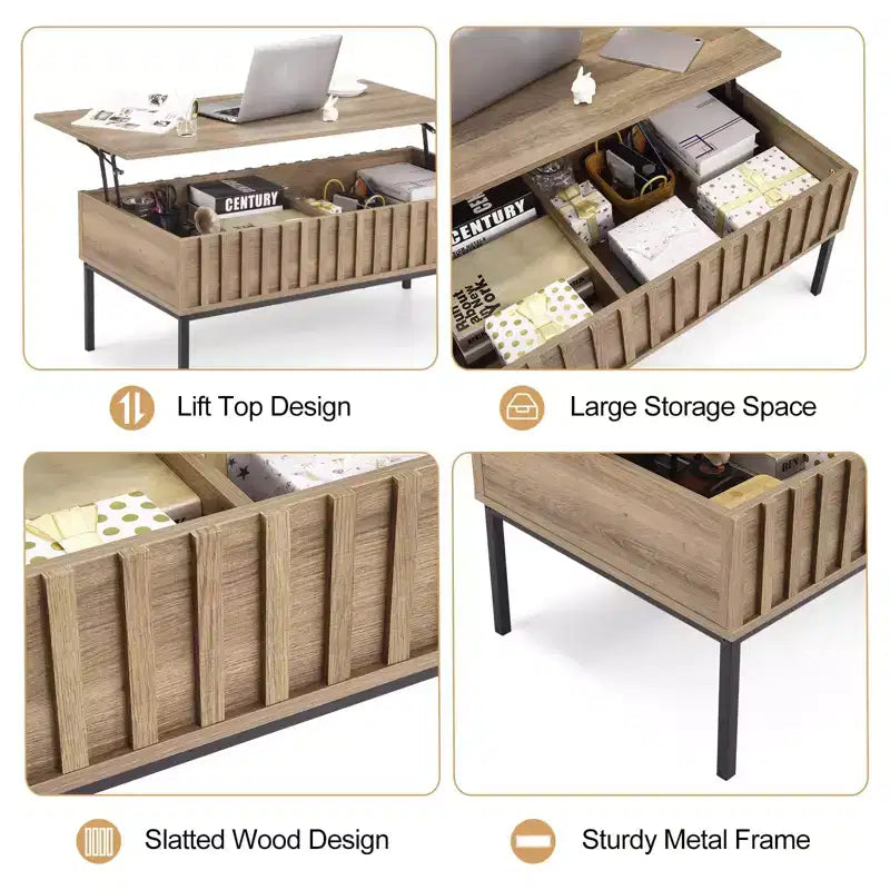 Coffee Table, Lift Top Coffee Table with Storage Shelf & Hidden Compartment - Mid Century Modern Rustic Rectangle Table (Living Room)