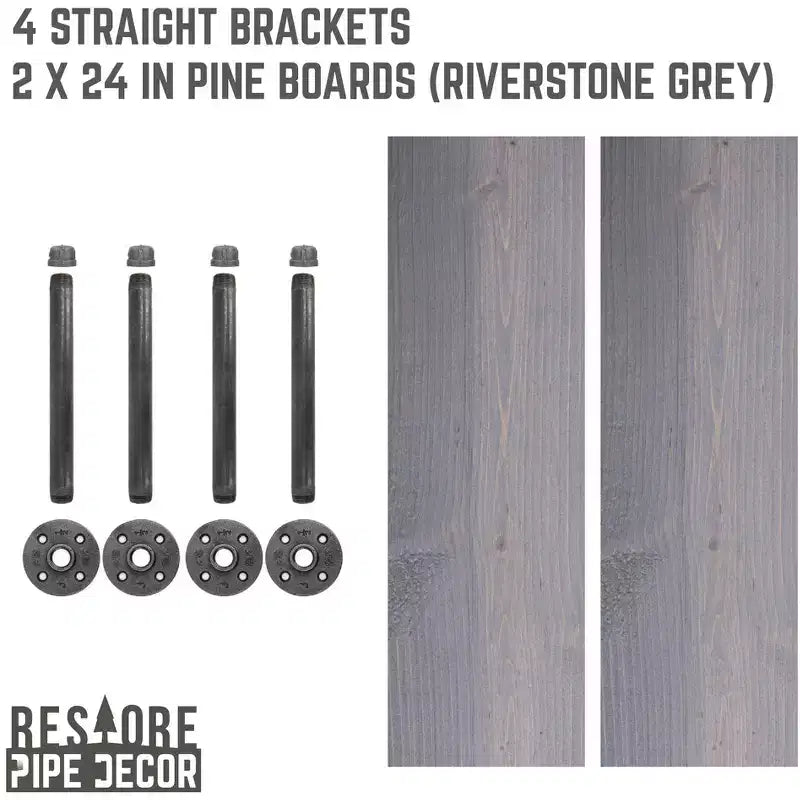 RESTORE Riverstone Grey 24 in. Shelves with Straight Brackets by Pipe Decor