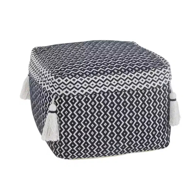 HomeRoots 18 Blue Cotton Geometric Pouf Ottoman