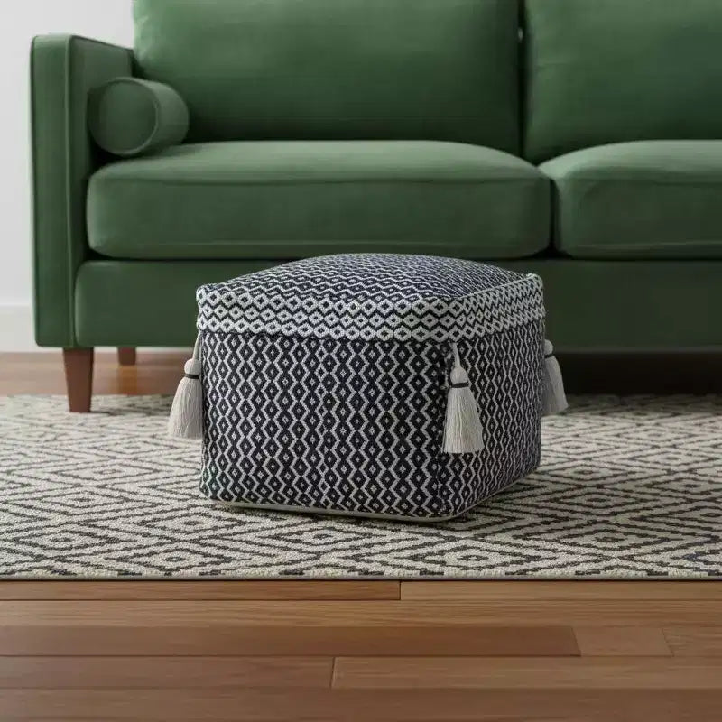 HomeRoots 18 Blue Cotton Geometric Pouf Ottoman